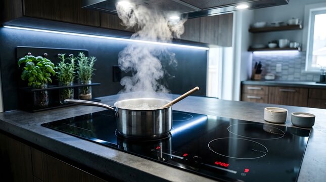 A modern kitchen with a pot of food cooking on an induction stove