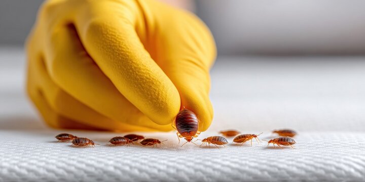 Hand in yellow glove inspecting bed bugs on a mattress surface close up