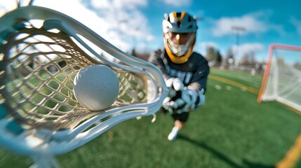 Fototapeta premium Dynamic Lacrosse Player Prepares to Pass Ball During Intense Game Action
