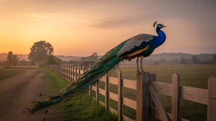 Fototapeta premium Majestic Peacock Perched on Wooden Fence at Golden Sunrise in Peaceful Countryside, Stunning Indian Peafowl Displaying Long Iridescent Tail Feathers in Serene Rural Landscape Nature Scene