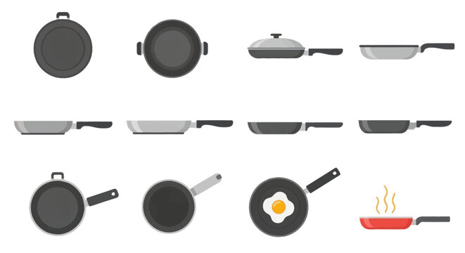 Diverse collection of cooking pans skillets and woks in various views including one with a fried egg.