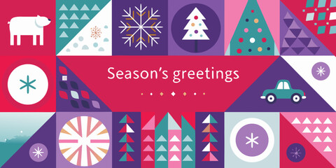 Colorful geometric shapes and winter icons create a festive greeting card © Tapan