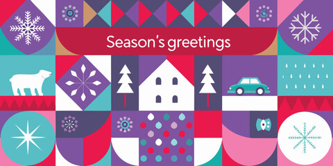 A festive geometric card displaying winter scenes and holiday greetings © Tapan