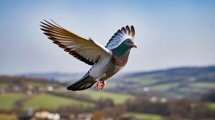 Obraz premium Rock Pigeon in Midair Flight with Wings Fully Spread Over Scenic Countryside Landscape, Urban Bird Soaring Gracefully Against Blue Sky with Rolling Hills in Background Wildlife Nature Photography