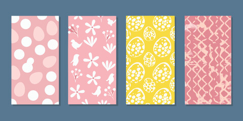 Four pastel patterned rectangles featuring floral and polka dot designs