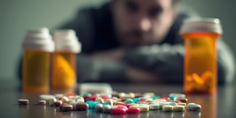 The Pills Scattered on Table with Prescription Bottles and Blurred Figure