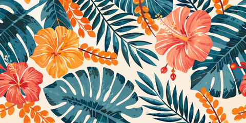 Tropical floral arrangement with hibiscus monstera and vibrant orange accents © Tapan