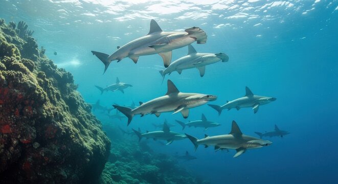 A magnificent school of hammerhead sharks swimming gracefully through the shimmering cerulean ocean waters.