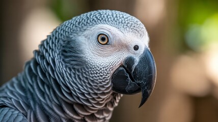 Fototapeta premium African Grey Parrot Close Up Portrait with Detailed Feathers and Intelligent Eye, Exotic Talking Parrot Wildlife Photography with Soft Natural Background Bokeh