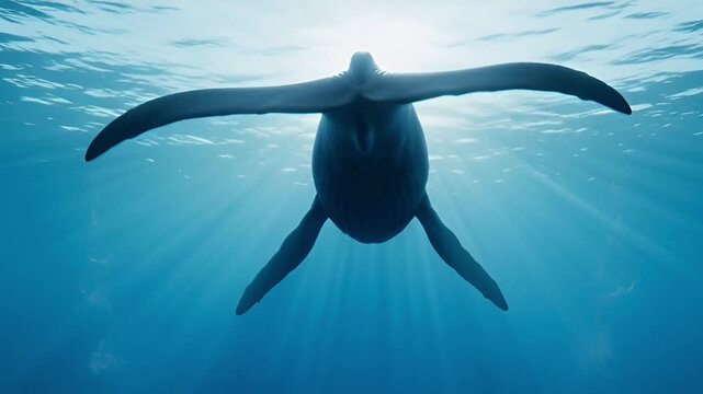 Underwater seal swimming with fins in deep blue ocean