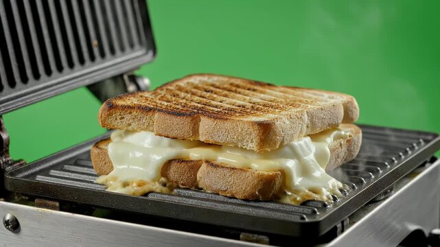 Delicious Grilled Cheese Sandwich Sizzling in a Hot Panini Press Machine with Gooey Melted Cheese Dripping Out on a Vibrant Green Background