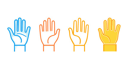 Obraz premium Four stylized hand illustrations in blue, orange, yellow and golden colors on white background