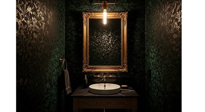 Elegant Dark Powder Room - Luxurious Bathroom with Gold Mirror & Patterned Wallpaper