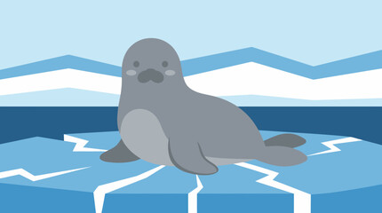 A cute cartoon seal sits on an ice floe in a blue arctic environment with icebergs in the background. © Abhinaya Project