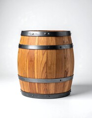 Obraz premium Polished wood barrel with dark metal bands on white background, cylindrical shape