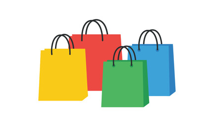 Four vibrant, colorful shopping bags in yellow, red, green, and blue, with black handles, standing upright on a white background, representing retail and consumerism. © Abhinaya Project