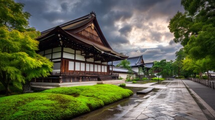 Obraz premium Serene Japanese Temple Beneath Gathering Dark Clouds and Stormy Skies