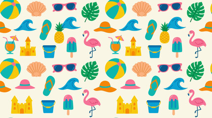 Vibrant seamless pattern of summer and beach icons including flamingos, beach balls, sunglasses, and sandcastles on a light background.