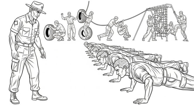 Military Training Illustration - Drill Sergeant Overseeing Physical Fitness Activities.