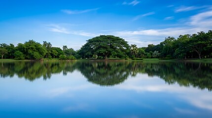 Fototapeta premium A serene lake scene with trees and blue sky