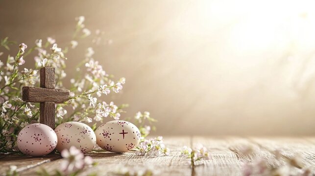 easter background with easter eggs and a wooden cross on the table, beautiful spring flowers, easter concept, light beige, copy space
