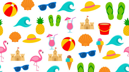 A vibrant and colorful seamless pattern featuring various summer and beach vacation elements like sandcastles, flamingos, and tropical drinks, perfect for holiday themes. © Abhinaya Project