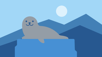 A cute cartoon seal rests on an iceberg with blue mountains and a sun in the background, depicting an arctic or Antarctic scene. © Abhinaya Project