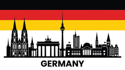 Obraz premium Black silhouette of Berlin city skyline with German flag, iconic landmarks and cityscape.