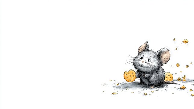 Humorous Cartoon of Tiny Mouse Trying to Hide Stolen Cookie Crumbs