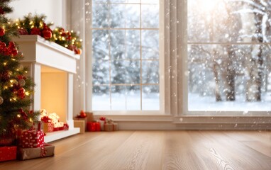 Naklejka premium Cozy Christmas Room with Fireplace and Snowfall Through Window