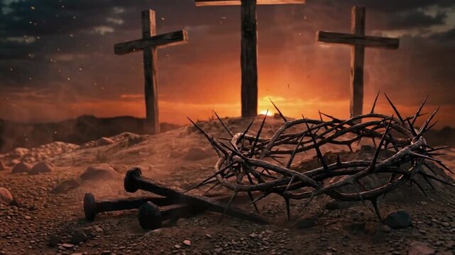 Woven crown of sharp thorns sits near heavy rusted iron nails at the base of three tall wooden crosses, perfect for dramatic theological storytelling.