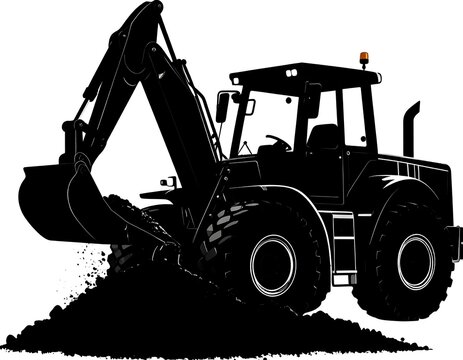 Silhouette of a backhoe digging into a dirt pile, against a white background, with hydraulic arm extended