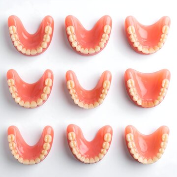 Dentures Rows of partial dentures with pink gums and white teeth displayed on a plain white background