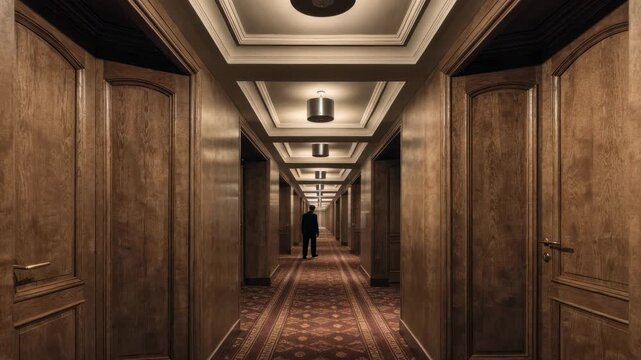 Sharp image of ceilingmounted access points in a hotel hallway the corridor fading softly behind illustrating robust WiFi coverage for long guest stays.