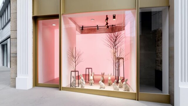 A chic timelapse of a boutique shop window styled for easter with minimalist easter trees and designer ceramic rabbits, concept of luxury retail and seasonal merchandising