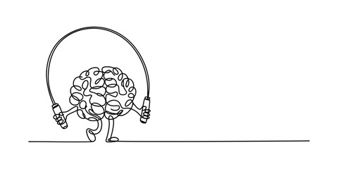 Continuous line drawing of a brain character exercising with a skipping rope for mental health © Badhon_Designer