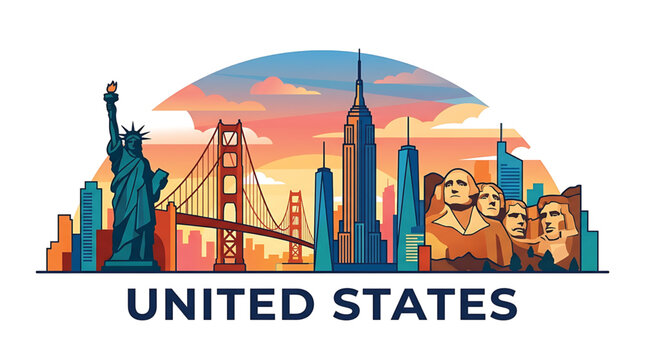 Vibrant illustration of United States iconic landmarks and cityscape at sunset with Statue of Liberty, Brooklyn Bridge, skyscrapers, and Mount Rushmore