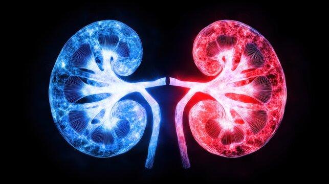 3D Medical Illustration of Human Kidneys with Blue and Red Glowing Effect on Black Background