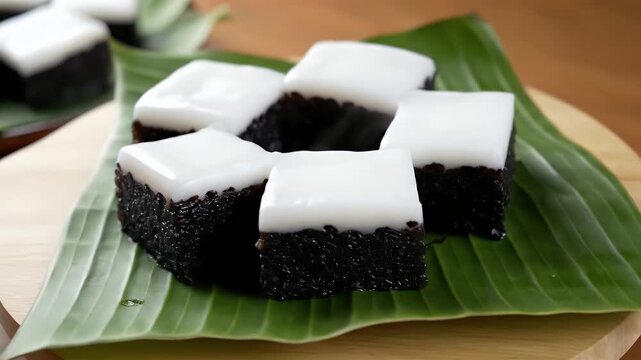 Delicious Kue Talam Ketan Hitam A Traditional Black Glutinous Rice Cake Dessert With Coconut Milk Topping Served On Banana Leaf A Close Up Flat Lay Overhead Shot