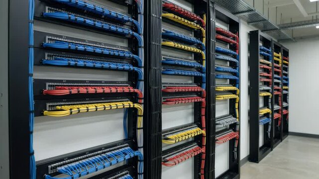 Medium shot of structured cabling in an office tower telecom room with wallmounted frames and patch panels highlighting organized network infrastructure and focus on main cables.