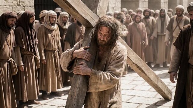 Realistic man with natural skin texture and dynamic hair carries a heavy wooden cross through a dense crowd, optimized for historical dramatizations.