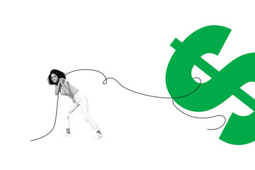 Obraz premium Composite art 3d creative image collage of puzzled american girl carry dollar currency sign burden income bankruptcy crisis