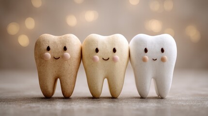 Cheerful 3D Plasticine Teeth Characters with Smiling Faces Against Bokeh Background