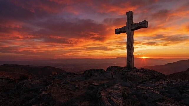 Tall detailed wooden cross stands sharply silhouetted on an elevated rocky hill against a vast dramatic sky, to enhance powerful Easter visual stories.