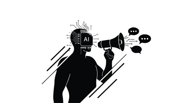 man with AI brain holding megaphone with speech bubbles