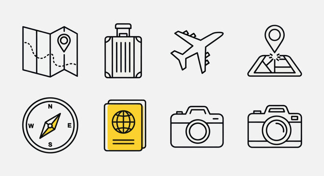Travel icons map suitcase airplane camera
