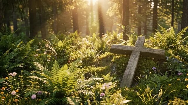 Realistic timber crucifix rests surrounded by vibrant outdoor foliage with floating atmospheric dust, background for peaceful inspirational content.