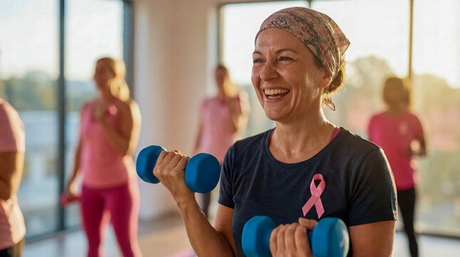 Happy breast cancer survivor exercising with dumbbells in gym fitness class wearing headscarf and pink ribbon