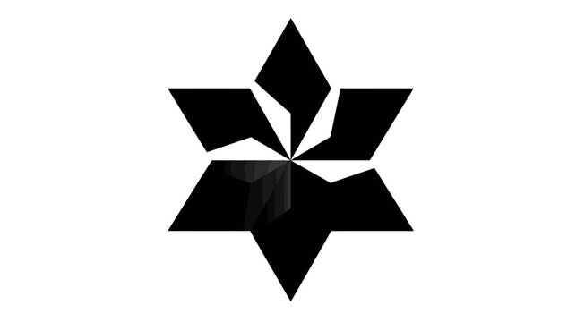 A symmetrical black graphic featuring a six-pointed star with a fractured, shaded core
