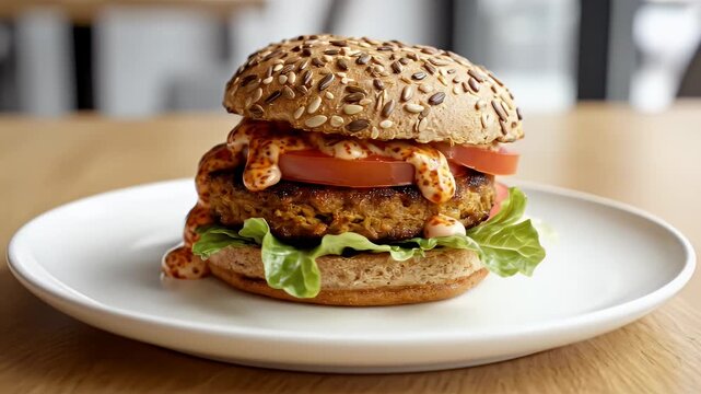 Delicious Veggie Patty Sandwich With Spicy Sauce And Fresh Lettuce Tomato Topped On Multigrain Bun Presented On White Plate In Soft Lighting